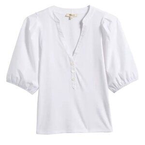 Madewell Puff-Sleeve Henley Knit Top~Size L~White Split Neck Blouse NWT L14 28